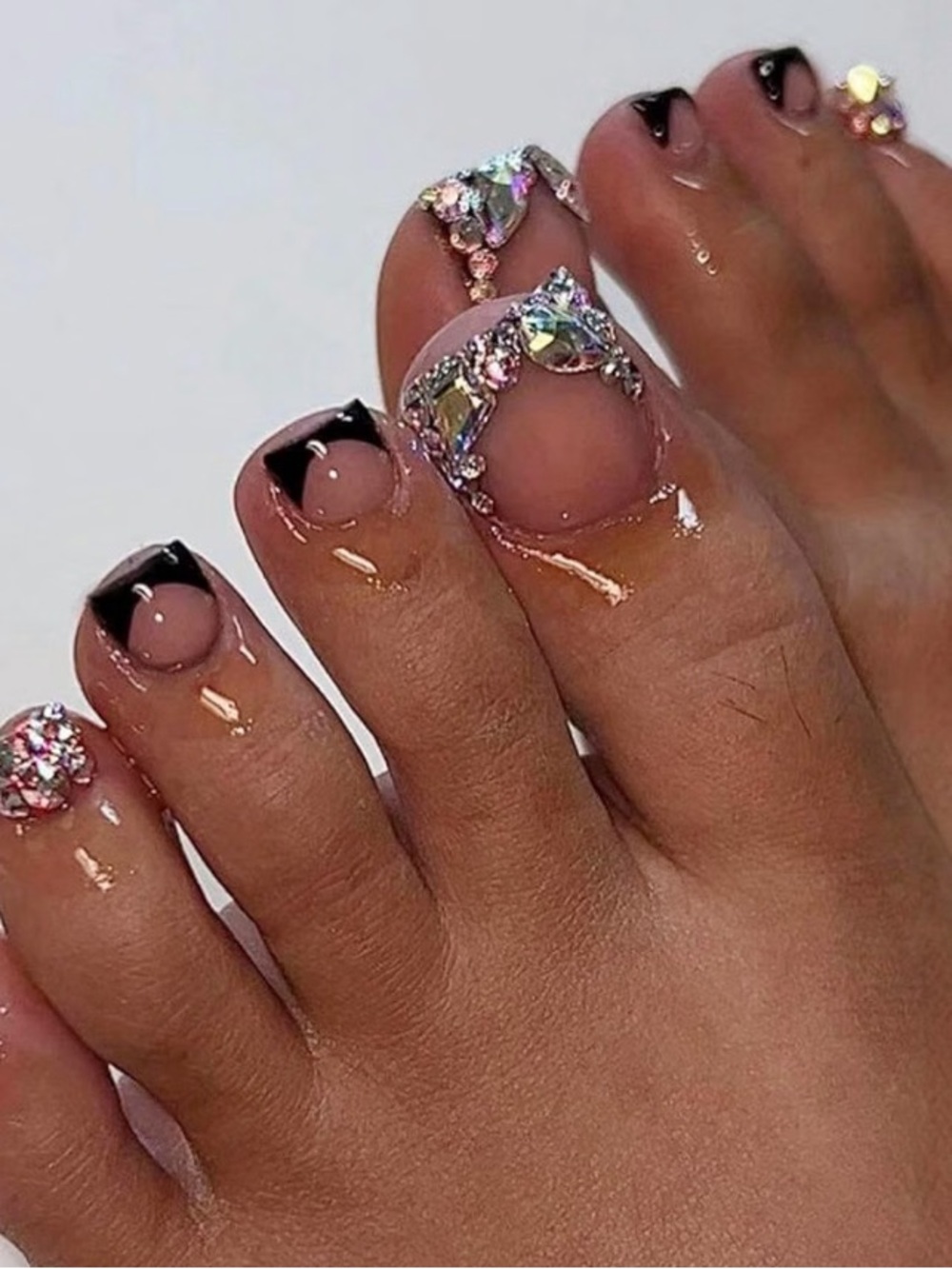 Press on toenails with rhinestones black tips 24 pcs